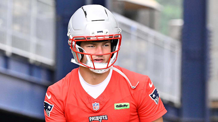 Jun 9, 2025; Foxborough, MA, USA; New England Patriots quarterback Drake Maye (10) and safety Kyle Dugger (23) walk to the practice fields at Gillette Stadium. Mandatory Credit: Eric Canha-Imagn Images