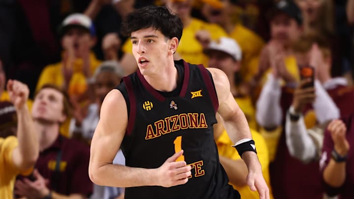 Jan 31, 2026; Tempe, Arizona, USA; Arizona State Sun Devils forward Santiago Trouet (1) against the Arizona Wildcats in the first half at Desert Financial Arena. Mandatory Credit: Mark J. Rebilas-Imagn Images