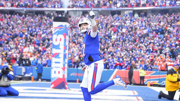 Josh Allen takes the field before the wild-card game against the Broncos. Buffalo will be home against next week against the Ravens.
