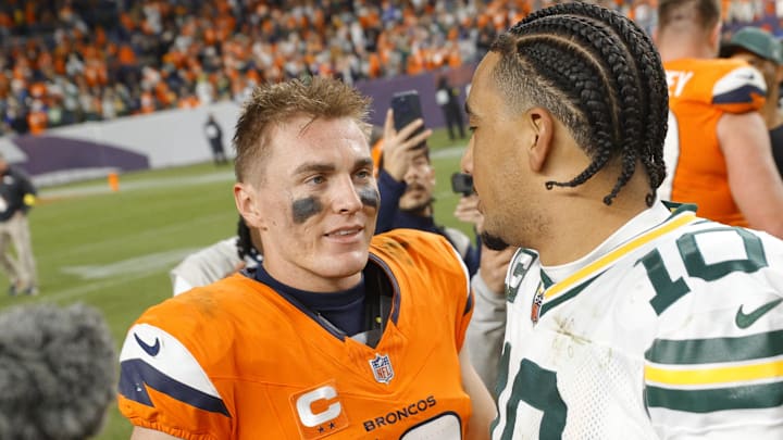 Dec 14, 2025; Denver, Colorado, USA; Denver Broncos quarterback Bo Nix (10) shakes hands with Green Bay Packers quarterback Jordan Love (10) following a game at Empower Field at Mile High. Mandatory Credit: Isaiah J. Downing-Imagn Images Dec 14, 2025; Denver, Colorado, USA; Denver Broncos quarterback Bo Nix (10) shakes hands with Green Bay Packers quarterback Jordan Love (10) following a game at Empower Field at Mile High. Mandatory Credit: Isaiah J. Downing-Imagn Images
