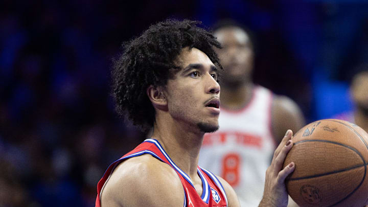 Nov 12, 2024; Philadelphia, Pennsylvania, USA; Philadelphia 76ers guard Jared McCain (20) shoots the ball against the New York Knicks during the third quarter at Wells Fargo Center. Mandatory Credit: Bill Streicher-Imagn Images Nov 12, 2024; Philadelphia, Pennsylvania, USA; Philadelphia 76ers guard Jared McCain (20) shoots the ball against the New York Knicks during the third quarter at Wells Fargo Center. Mandatory Credit: Bill Streicher-Imagn Images
