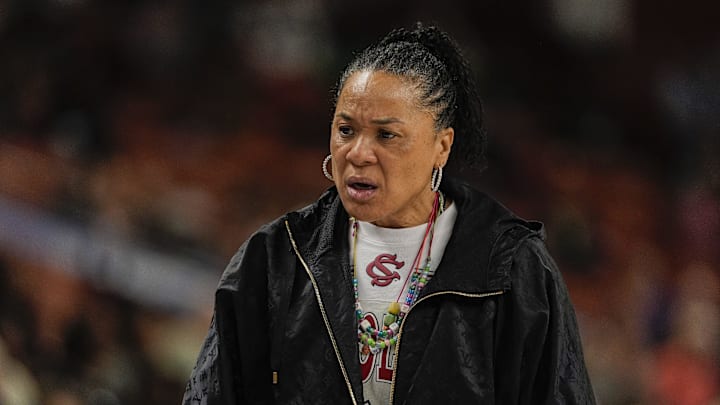 Mar 7, 2025; Greenville, SC, USA; South Carolina Gamecocks head coach Dawn Staley reacts to a play against the Vanderbilt Commodores at Bon Secours Wellness Arena. Mandatory Credit: Jim Dedmon-Imagn Images Mar 7, 2025; Greenville, SC, USA; South Carolina Gamecocks head coach Dawn Staley reacts to a play against the Vanderbilt Commodores at Bon Secours Wellness Arena. Mandatory Credit: Jim Dedmon-Imagn Images
