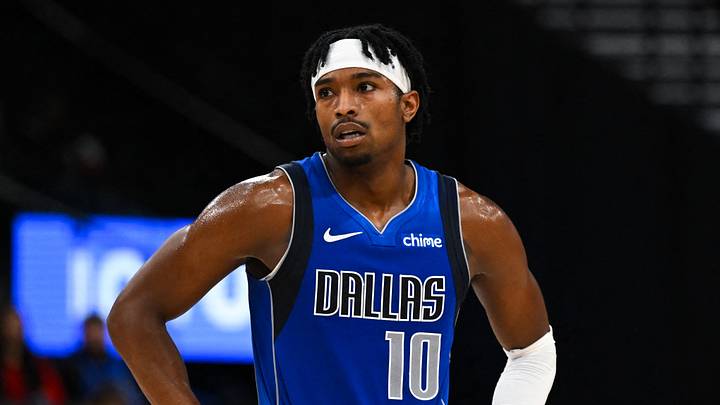 Oct 14, 2024; Inglewood, California, USA; Dallas Mavericks guard Brandon Williams (10) reacts against the LA Clippers during the second half at Intuit Dome. Mandatory Credit: Jonathan Hui-Imagn Images