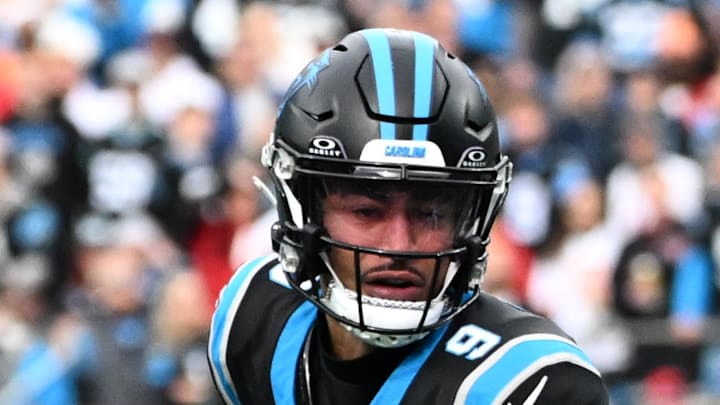 Carolina Panthers quarterback Bryce Young looks to pass in the first quarter at Bank of America Stadium.
