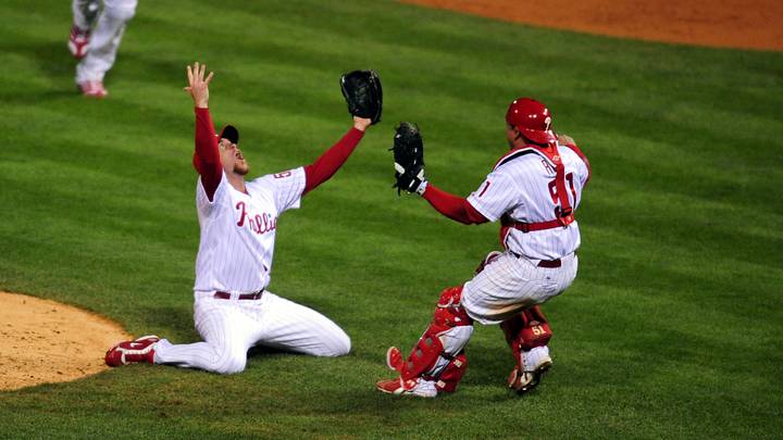 Oct 29, 2008; Philadelphia, PA, USA; Philadelphia Phillies relief pitcher Brad Lidge (center) celebrates with catcher Carlos Ruiz (51) after defeating the Tampa Bay Rays 4-3 in game five of the World Series at Citizens Bank Park to win the series, four games to one. Mandatory Credit: James Lang-USA TODAY Sports Oct 29, 2008; Philadelphia, PA, USA; Philadelphia Phillies relief pitcher Brad Lidge (center) celebrates with catcher Carlos Ruiz (51) after defeating the Tampa Bay Rays 4-3 in game five of the World Series at Citizens Bank Park to win the series, four games to one. Mandatory Credit: James Lang-USA TODAY Sports
