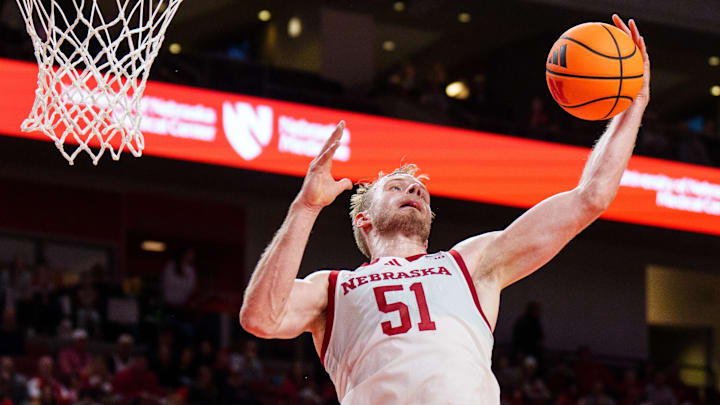 Nebraska forward Rienk Mast grabs a rebound against South Carolina Upstate.