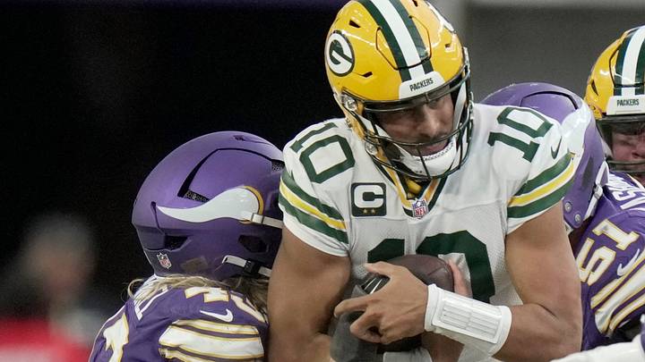 Green Bay Packers quarterback Jordan Love (10) is sacked by Minnesota Vikings linebacker Andrew van Ginkel (43). Green Bay Packers quarterback Jordan Love (10) is sacked by Minnesota Vikings linebacker Andrew van Ginkel (43).