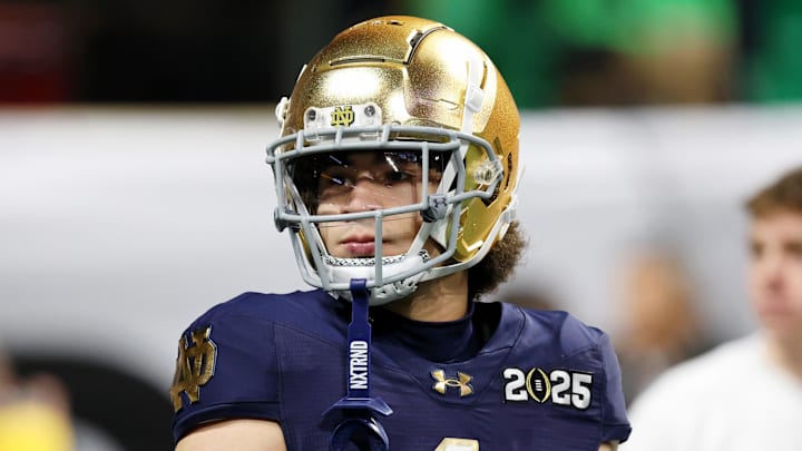 Notre Dame Fighting Irish wide receiver Jaden Greathouse (1) warms up before the CFP National Championship game against Ohio State at Mercedes-Benz Stadium. 