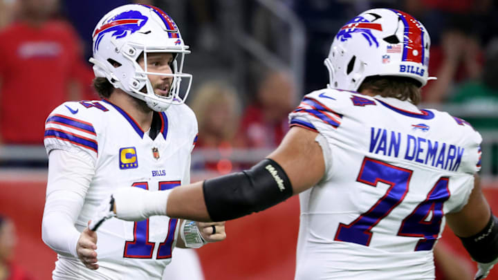 Buffalo Bills QB Josh Allen celebrates with OT Ryan Van Demark after a touchdown against the Houston Texans.