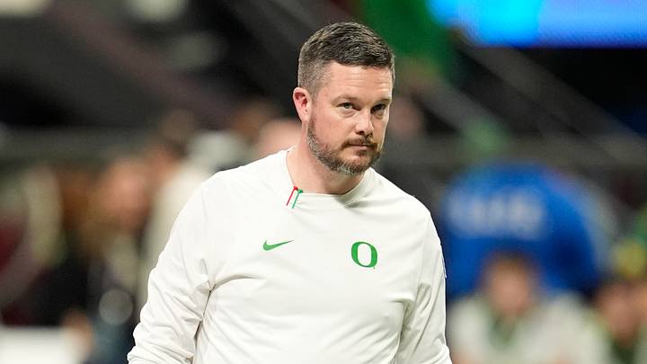 Jan 9, 2026; Atlanta, GA, USA; Oregon Ducks head coach Dan Lanning on the field prior to the 2025 Peach Bowl and semifinal game of the College Football Playoff against the Oregon Ducks at Mercedes-Benz Stadium. Jan 9, 2026; Atlanta, GA, USA; Oregon Ducks head coach Dan Lanning on the field prior to the 2025 Peach Bowl and semifinal game of the College Football Playoff against the Oregon Ducks at Mercedes-Benz Stadium.