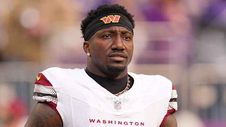 Dec 7, 2025; Minneapolis, Minnesota, USA; Washington Commanders wide receiver Deebo Samuel Sr. (1) takes the field to practice before the game at U.S. Bank Stadium. Mandatory Credit: Brad Rempel-Imagn Images