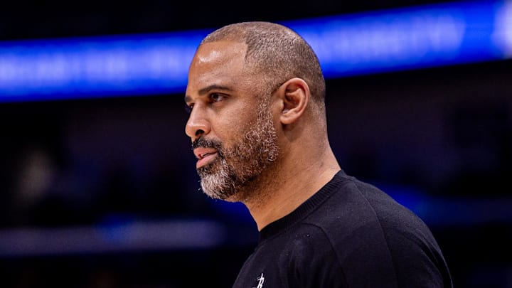 Dec 18, 2025; New Orleans, Louisiana, USA;  Houston Rockets Head Coach Ime Udoka looks on against the New Orleans Pelicans during the first half at Smoothie King Center. Mandatory Credit: Stephen Lew-Imagn Images