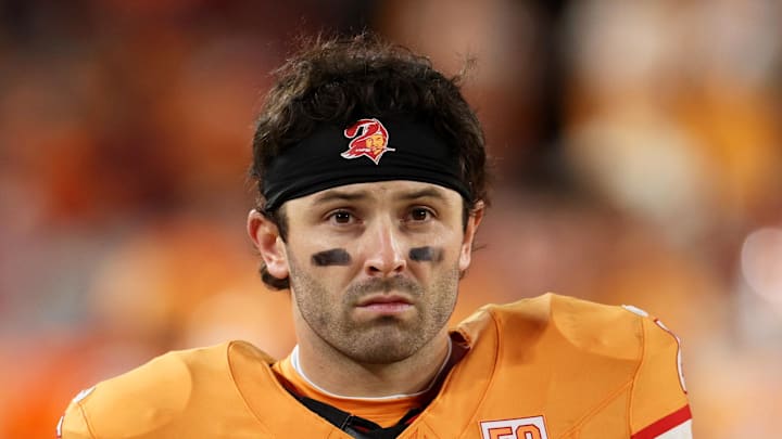 Tampa Bay Buccaneers quarterback Baker Mayfield (6) looks on against the Atlanta Falcons 