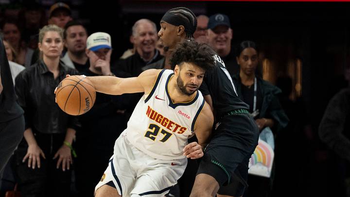 Apr 30, 2026; Minneapolis, Minnesota, USA; Denver Nuggets guard Jamal Murray (27) dribbles the ball towards the basket as Minnesota Timberwolves forward Jaden McDaniels (3) plays defense in the first half during game six of the first round of the 2026 NBA Playoffs at Target Center. Mandatory Credit: Jesse Johnson-Imagn Images Apr 30, 2026; Minneapolis, Minnesota, USA; Denver Nuggets guard Jamal Murray (27) dribbles the ball towards the basket as Minnesota Timberwolves forward Jaden McDaniels (3) plays defense in the first half during game six of the first round of the 2026 NBA Playoffs at Target Center. Mandatory Credit: Jesse Johnson-Imagn Images