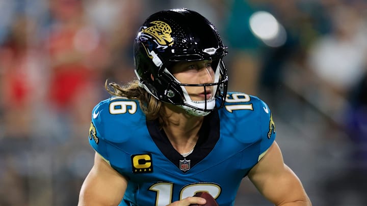 Jacksonville Jaguars quarterback Trevor Lawrence (16) rolls from the pocket during the first quarter of an NFL football matchup at EverBank Stadium, Monday, Oct. 6, 2025, in Jacksonville, Fla. The Jacksonville Jaguars edged the Kansas City Chiefs 31-28. [Corey Perrine/Florida Times-Union]