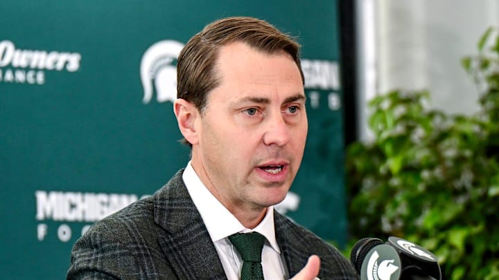 Michigan State athletic director J Batt speaks during the introductory press conference for new football coach Pat Fitzgerald on Tuesday, Dec. 2, 2025, at the Tom Izzo Football Building in East Lansing.