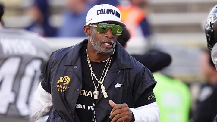 Nov 1, 2025; Boulder, Colorado, USA; Colorado Buffaloes head coach Deion Sanders before the game against the Arizona Wildcats at Folsom Field. Mandatory Credit: Ron Chenoy-Imagn Images