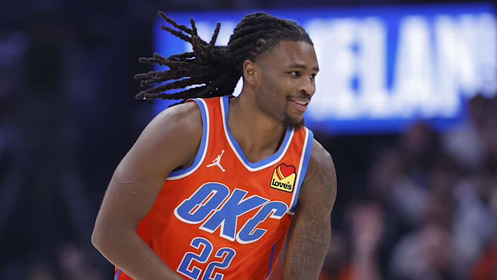 Dec 29, 2025; Oklahoma City, Oklahoma, USA; Oklahoma City Thunder guard Cason Wallace (22) reacts after scoring a basket against the Atlanta Hawks during the first half at Paycom Center. Mandatory Credit: Alonzo Adams-Imagn Images