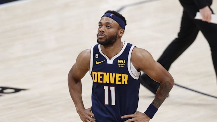 Jun 4, 2023; Denver, CO, USA; Denver Nuggets forward Bruce Brown (11) reacts after the loss against the Miami Heat in game two of the 2023 NBA Finals at Ball Arena. Mandatory Credit: Isaiah J. Downing-Imagn Images
