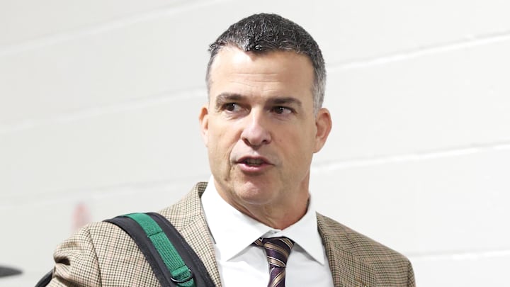 Nov 29, 2025; Pittsburgh, Pennsylvania, USA;  Miami Hurricanes head coach Mario Cristobal arrives at the stadium to coach his team against the Pittsburgh Panthers at Acrisure Stadium. Mandatory Credit: Charles LeClaire-Imagn Images
