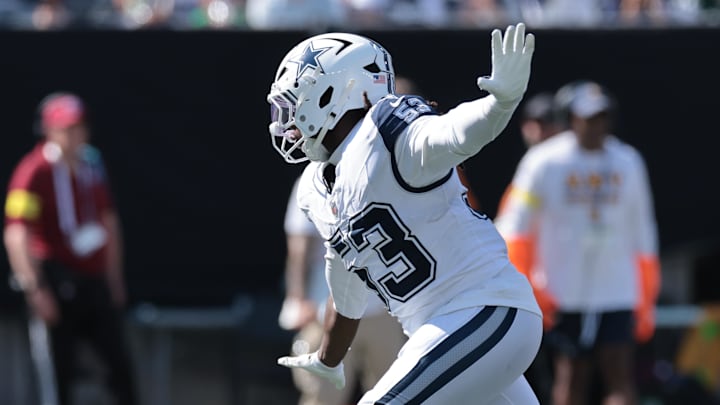 Dallas Cowboys defensive end James Houston reacts after a sack against the New York Jets at MetLife Stadium. 