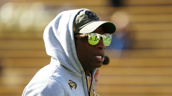 Nov 11, 2023; Boulder, Colorado, USA; Colorado Buffaloes head coach Deion Sanders before the game against the Arizona Wildcats at Folsom Field. Mandatory Credit: Ron Chenoy-Imagn Images