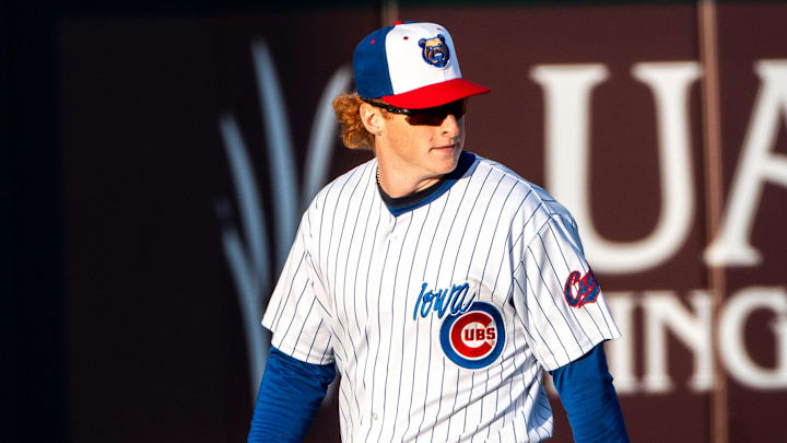 Iowa Cubs' Owen Caissie walks in the outfield during a game against the Toledo Mud Hens at Principal Park on Tuesday, April 2, 2024, in Des Moines.