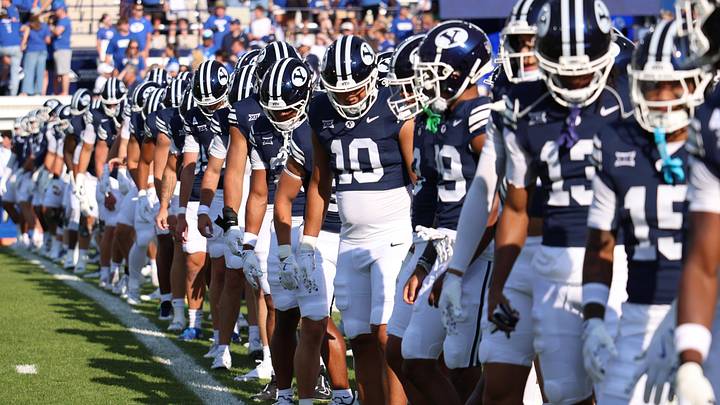Aug 30, 2025; Provo, Utah, USA; The Brigham Young Cougars line up before the game against the Portland State Vikings at LaVell Edwards Stadium. Mandatory Credit: Rob Gray-Imagn Images