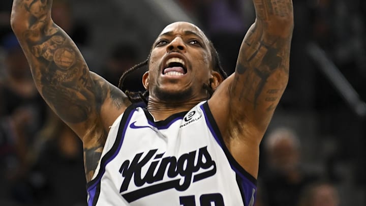 Mar 14, 2026; Inglewood, California, USA; Sacramento Kings guard-forward DeMar DeRozan (10) shoots against the LA Clippers during the second half at Intuit Dome. Mandatory Credit: Jonathan Hui-Imagn Images