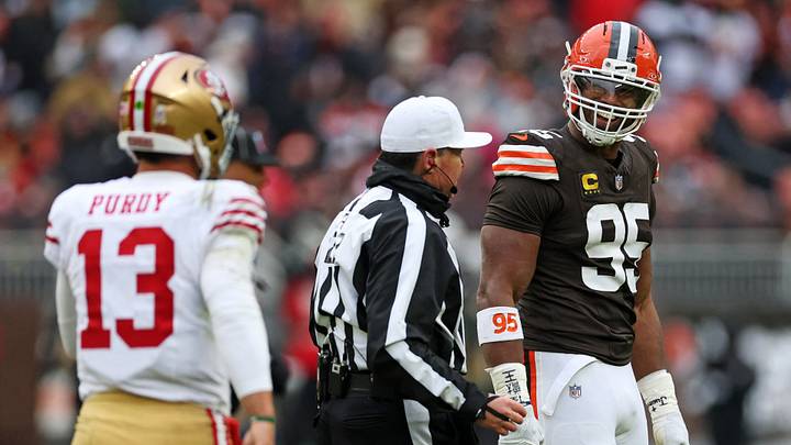 Cleveland Browns defensive end Myles Garrett, San Francisco 49ers quarterback Brock Purdy