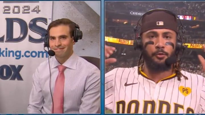 Joe Davis and Fernando Tatis Jr. after Game 3 of the NLDS. 