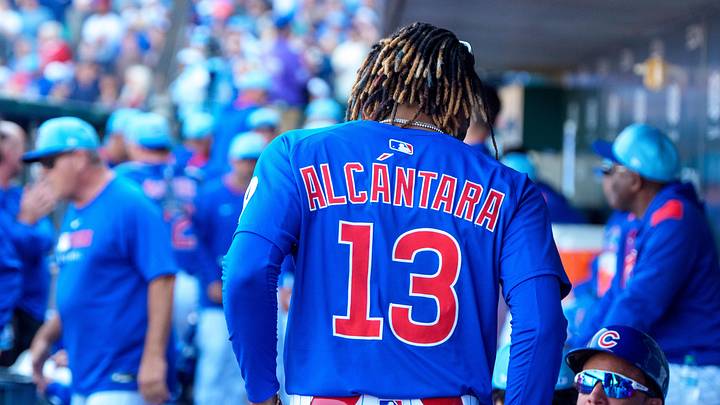 Mar 8, 2025; Mesa, Arizona, USA;  Chicago Cubs outfielder Kevin Alcantara (13) returns to the dugout after his at bat in the eighth inning of a spring training game against the Seattle Mariners at Sloan Park. Mandatory Credit: Allan Henry-Imagn Images