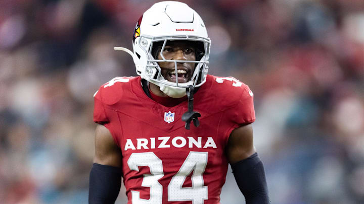 Nov 23, 2025; Glendale, Arizona, USA; Arizona Cardinals safety Jalen Thompson (34) against the Jacksonville Jaguars at State Farm Stadium. Mandatory Credit: Mark J. Rebilas-Imagn Images Nov 23, 2025; Glendale, Arizona, USA; Arizona Cardinals safety Jalen Thompson (34) against the Jacksonville Jaguars at State Farm Stadium. Mandatory Credit: Mark J. Rebilas-Imagn Images