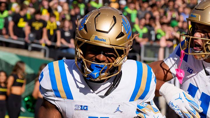 UCLA running back Wayne Knight, left, and wide receiver Landon Ellis celebrate a touchdown by Knight as the Oregon Ducks host the UCLA Bruins on Oct. 10, 2026, at Autzen Stadium in Eugene, Oregon. UCLA running back Wayne Knight, left, and wide receiver Landon Ellis celebrate a touchdown by Knight as the Oregon Ducks host the UCLA Bruins on Oct. 10, 2026, at Autzen Stadium in Eugene, Oregon.