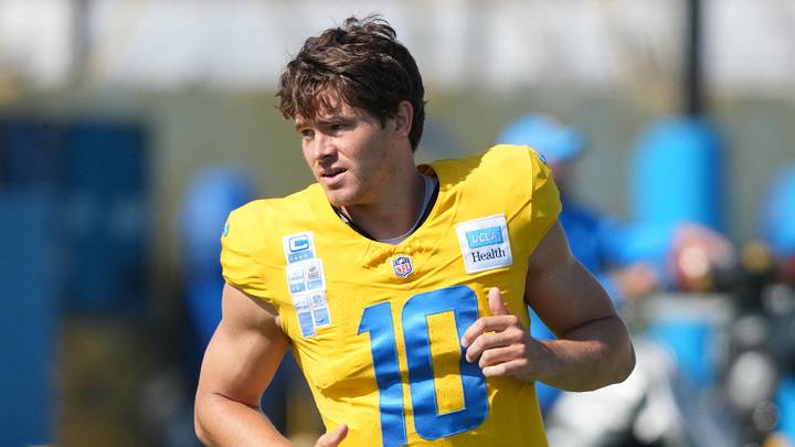Aug 7, 2025; El Segundo, CA, USA; Los Angeles Chargers quarterback Justin Herbert (10) reacts during training camp at The Bolt. Mandatory Credit: Kirby Lee-Imagn Images