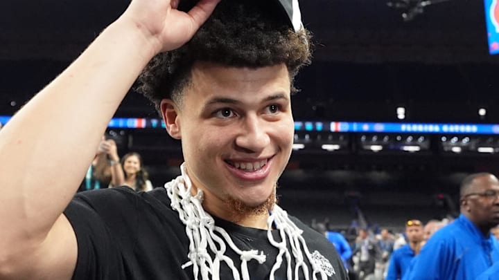 Apr 7, 2025; San Antonio, TX, USA; Florida Gators guard Walter Clayton Jr. (1) celebrates after winning the national championship game of the Final Four of the 2025 NCAA Tournament at the Alamodome. Mandatory Credit: Bob Donnan-Imagn Images