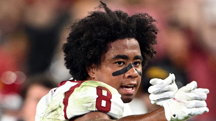 Sep 13, 2025; West Lafayette, Indiana, USA; USC Trojans wide receiver Ja'Kobi Lane (8) celebrates a first down during the second half against the Purdue Boilermakers at Ross-Ade Stadium. 