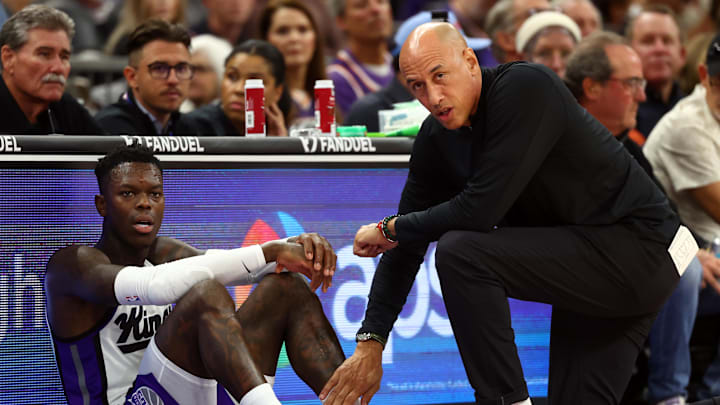 Oct 22, 2025; Phoenix, Arizona, USA; Sacramento Kings guard Dennis Schroder (17) with head coach Doug Christie against the Phoenix Suns at the Mortgage Matchup Center. Oct 22, 2025; Phoenix, Arizona, USA; Sacramento Kings guard Dennis Schroder (17) with head coach Doug Christie against the Phoenix Suns at the Mortgage Matchup Center.