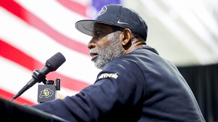 Apr 4, 2025; Boulder, CO, USA; Colorado Buffaloes head coach Deion Sanders speaks to the media at the University of Colorado NFL Showcase at the CU Indoor Practice Facility. Mandatory Credit: Michael Ciaglo-Imagn Images