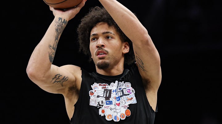 Apr 5, 2026; Brooklyn, New York, USA; Brooklyn Nets forward Jalen Wilson (22) warms up before the game against the Washington Wizards at Barclays Center. Mandatory Credit: Vincent Carchietta-Imagn Images
