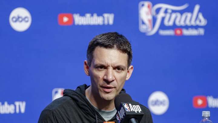Jun 5, 2025; Oklahoma City, Oklahoma, USA; Oklahoma City Thunder head coach Mark Daigneault speaks to the media after the Thunder lose to the Indiana Pacers during game one of the 2025 NBA Finals at Paycom Center. Mandatory Credit: Alonzo Adams-Imagn Images