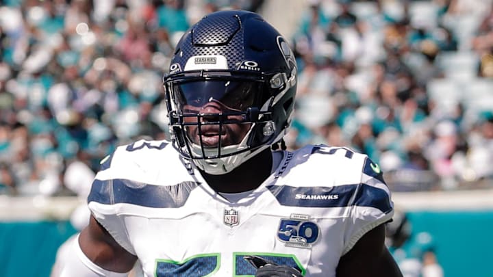 Oct 12, 2025; Jacksonville, Florida, USA;Seattle Seahawks linebacker Boye Mafe (53) runs off the field during the game against the Jacksonville Jaguars at EverBank Stadium. Mandatory Credit: Travis Register-Imagn Images