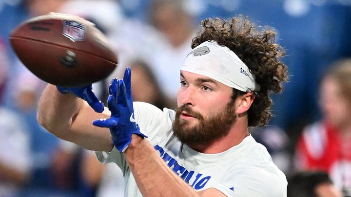 Oct 5, 2025; Orchard Park, New York, USA; Buffalo Bills tight end Dawson Knox (88) practices before the game against the New England Patriots at Highmark Stadium. Mandatory Credit: Mark Konezny-Imagn Images