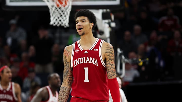 Mar 15, 2024; Minneapolis, MN, USA; Indiana Hoosiers center Kel'el Ware (1) reacts during the first half against the Nebraska Cornhuskers at Target Center. Mandatory Credit: Matt Krohn-USA TODAY Sports Mar 15, 2024; Minneapolis, MN, USA; Indiana Hoosiers center Kel'el Ware (1) reacts during the first half against the Nebraska Cornhuskers at Target Center. Mandatory Credit: Matt Krohn-USA TODAY Sports