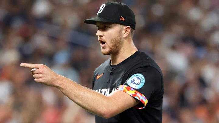 Sep 19, 2025; Baltimore, Maryland, USA; Baltimore Orioles pitcher Trevor Rogers (28) celebrates during the sixth inning against the New York Yankees at Oriole Park at Camden Yards. Mandatory Credit: Daniel Kucin Jr.-Imagn Images