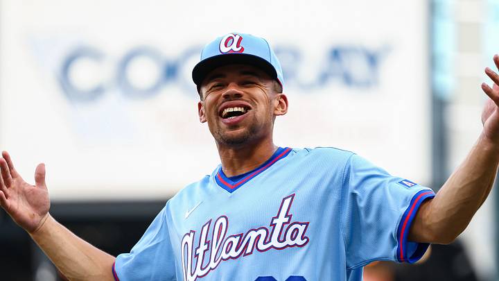 Aug 15, 2026; Cumberland, Georgia, USA; Atlanta Braves catcher Drake Baldwin (30) reacts before a game against the Arizona Diamondbacks at Truist Park. Mandatory Credit: Colin Hubbard-Imagn Images