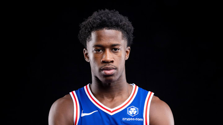 Sep 26, 2025; Camden, NJ, USA; Philadelphia 76ers VJ Edgecombe (77) poses for a photo during media day. Mandatory Credit: Bill Streicher-Imagn Images