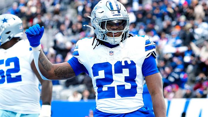 Dallas Cowboys running back Jaydon Blue celebrates after scoring a touchdown against the New York Giants. Dallas Cowboys running back Jaydon Blue celebrates after scoring a touchdown against the New York Giants.