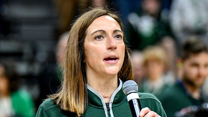 Michigan State's head coach Robyn Fralick speaks during the senior night ceremony after MSU's win over Northwestern on Wednesday, Feb. 18, 2026, at the Breslin Center in East Lansing.