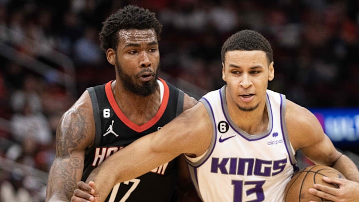 Feb 6, 2023; Houston, Texas, USA; Sacramento Kings forward Keegan Murray (13) drives to the basket against Houston Rockets forward Tari Eason (17) in the fourth quarter at Toyota Center. 